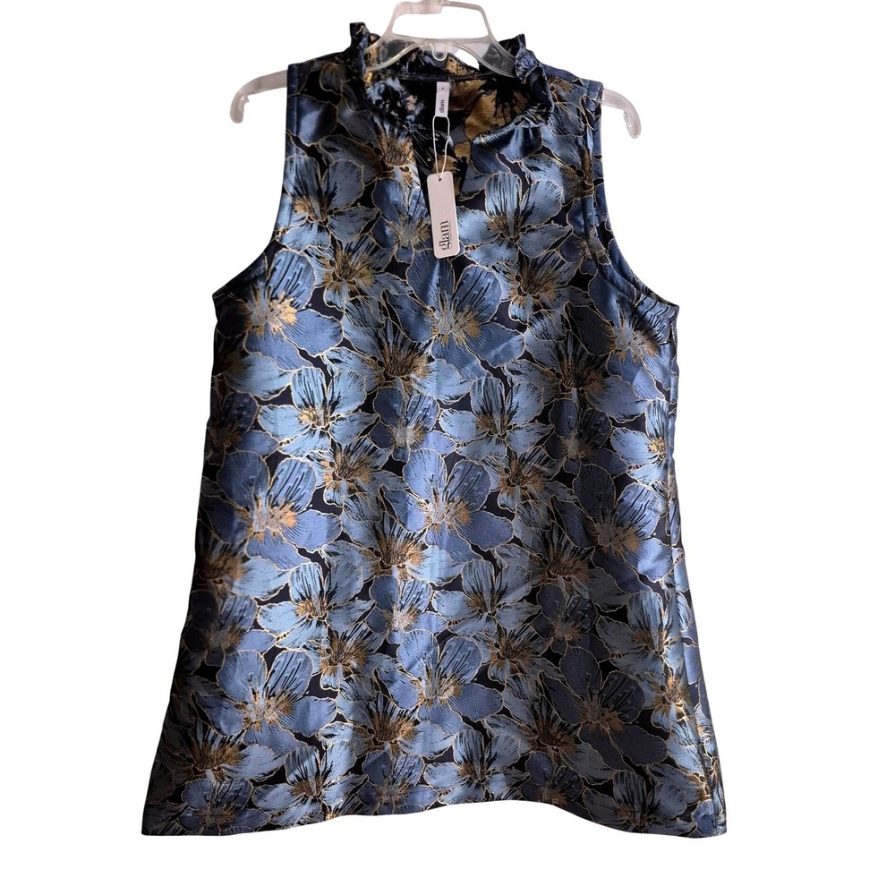 Glam Mod Dress Women Med Blue Gold Floral Jacquard Ruffle Metallic Glam Mod NWT